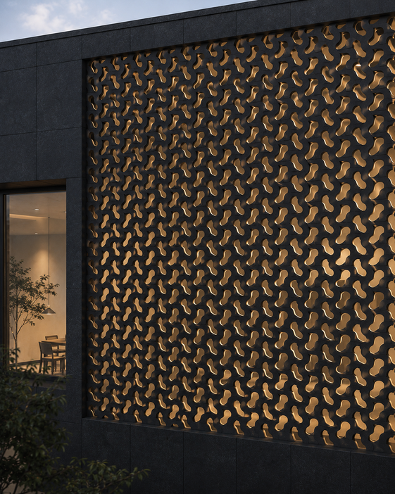 Spring Faces facade screen at dusk